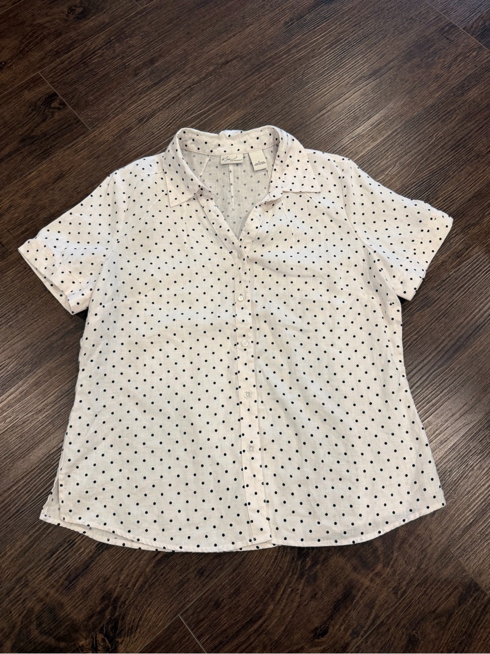 Kim Rogers 100% Linen Polka Dot Button Down Top Summer Classic Size L